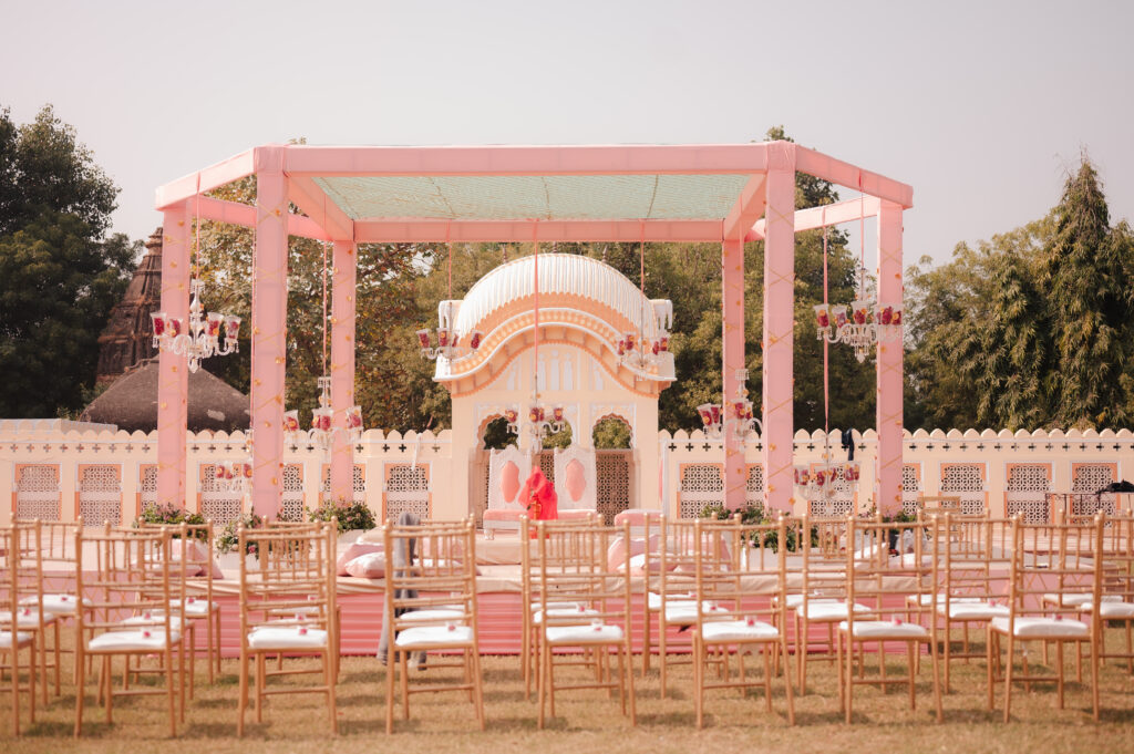 Luxury wedding stage decoration with floral arrangements